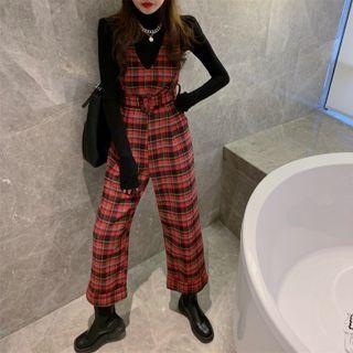 Long-sleeve Turtleneck T-shirt / Plaid Cropped Jumper Pants