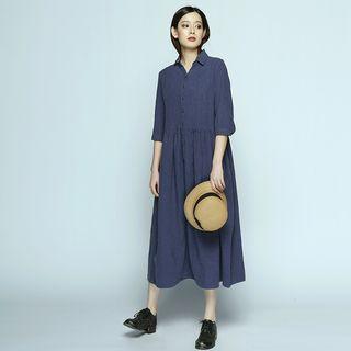 Elbow-sleeve A-line Midi Shirtdress