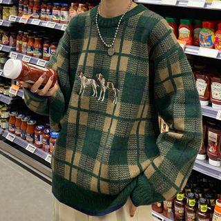 Oversize Dog Pattern Plaid Sweater