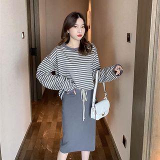 Set: Striped Sweatshirt + Midi A-line Skirt