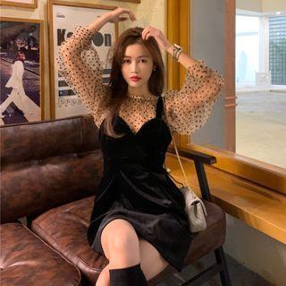 Long-sleeve Dotted Mesh Top / Spaghetti Strap Mini A-line Dress