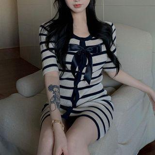 Short Sleeve Button-up Stripe Mini Sheath Dress