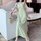 Cap-sleeve Twist-front Dotted Maxi A-line Dress Light Green - One Size
