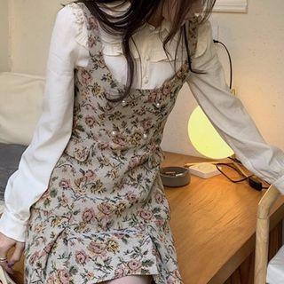 Long-sleeve Mock Two-piece Floral Printed Mini Dress