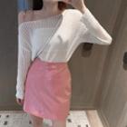 Long-sleeve Knit Top / Faux Leather Mini A-line Skirt
