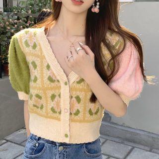 Puff-sleeve Color Block Cardigan Off-white - One Size