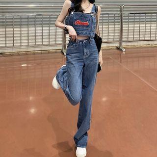Pocket-detail Denim Camisole Top / Mid-rise Straight Leg Jeans