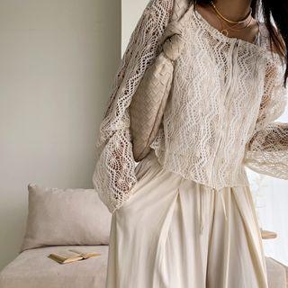 Openwork Lace Zip-up Cardigan Cream - One Size