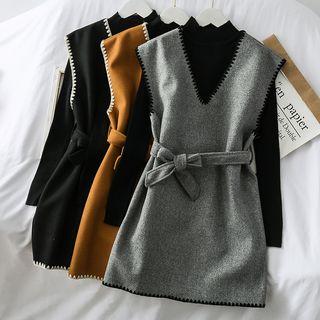 Set: Mock-neck T-shirt + Wool Mini Dress With Sash