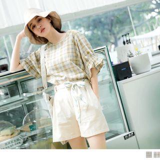 Elastic Ruffle Sleeve Plaid Round Neck Top