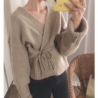 V-neck Tie Waist Cardigan Light Almond - One Size