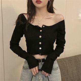 Off-shoulder Front Button Long Sleeve Top