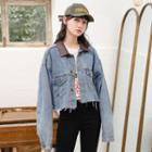 Frayed Faux Leather Panel Denim Jacket
