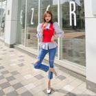 Set: Asymmetric-neck Vest + Puff-shoulder Stripe Shirt