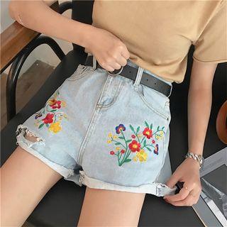 Distressed Embroidered Loose-fit Denim Shorts