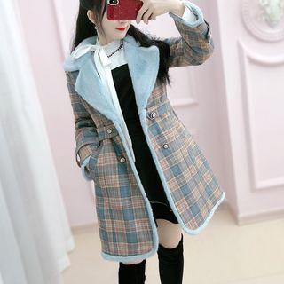 Fleece-lined Plaid Double-breasted Padded Coat
