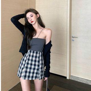 Plain Camisole Top / Plaid A-line Skirt