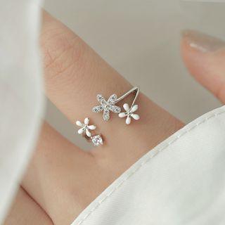 Rhinestone Floral Open Ring Silver - 13#