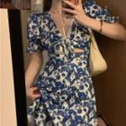 Short-sleeve V-neck Cutout-waist Floral Mini A-line Dress Blue - One Size