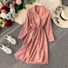 Plain Drawstring Corduroy Long-sleeve Dress