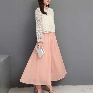 Set: Lace Panel Long-sleeve Top + Wide Leg Pants