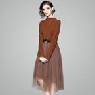 Set: Mock Neck Knit Top + Midi Mesh Skirt + Skull Belt