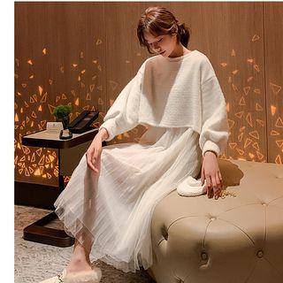 Set: Crop Pullover + Strappy Midi Dress Pullover - Off-white - One Size / Dress - Off-white - One Size