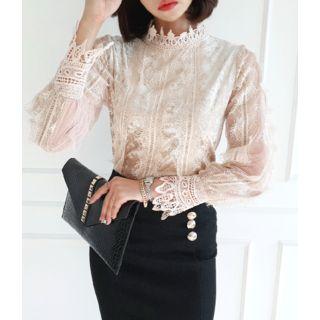Lace-detail Sheer Velvet Blouse