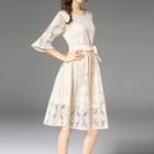 Elbow-sleeve A-line Lace Dress With Sash