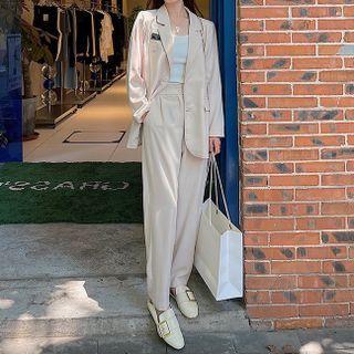 Set: Applique Single-breasted Blazer + Straight Leg Pants