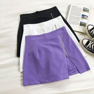 Plain Asymmetric Zipper High-waist A-line Skirt