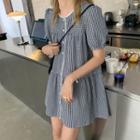 Lace Trim Short-sleeve Gingham Button Mini A-line Dress