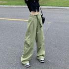 High Waist Drawstring Plain Cargo Wide-leg Pants