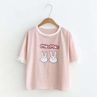 Short-sleeve Rabbit Print T-shirt Pink - One Size