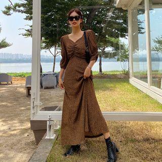 Tie-waist Shirred Maxi Leopard Dress