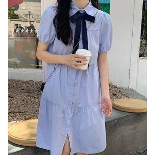 Short-sleeve Plain Tie-neck Dress Blue Dress - One Size