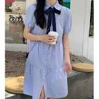 Short-sleeve Plain Tie-neck Dress Blue Dress - One Size