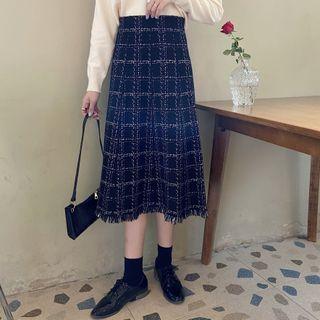 Frayed-hem Plaid Midi A-line Skirt