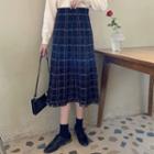 Frayed-hem Plaid Midi A-line Skirt
