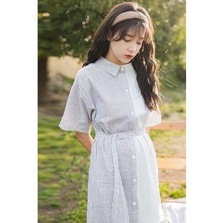 Pinstriped Panel Short-sleeve Shirt Dress