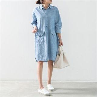 Half-placket Pocket-detail Denim Dress