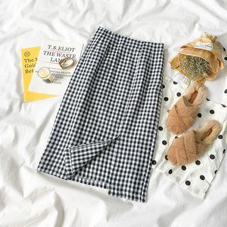Gingham Slit Straight Fit Skirt
