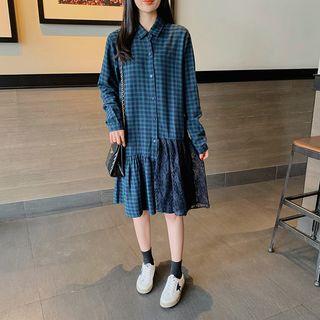 Long-sleeve Plaid Lace Trim Shirtdress