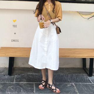 Short-sleeve Open Knit Polo Shirt / A-line Midi Skirt