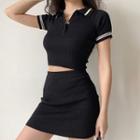 Set : Polo-collar Knit Short-sleeve Top + Plain Short Skirt