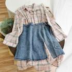 Set: Long-sleeve Plaid Shirt + Denim A-line Mini Skirt