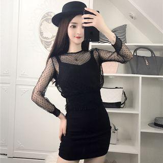 Set: Long-sleeve Dotted Mesh Top + Spaghetti-strap Mini Dress