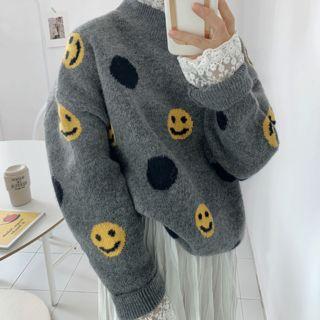 Drop-shoulder Lace-trim Dotted Sweater Gray - One Size