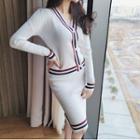 Set: Color-block Cardigan + Color-block Knit Midi Skirt White - One Size