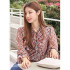 Tie-neck Frill-trim Plaid Blouse Red - One Size